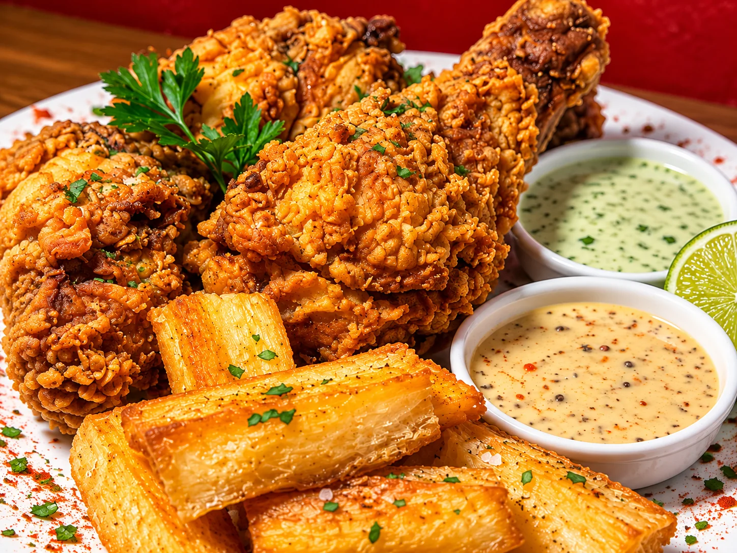 Fotografía de pollo frito con mandioca y salsas para Pack 2