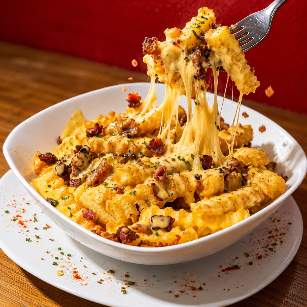 Papas Fritas Especial con bacon y cheddar